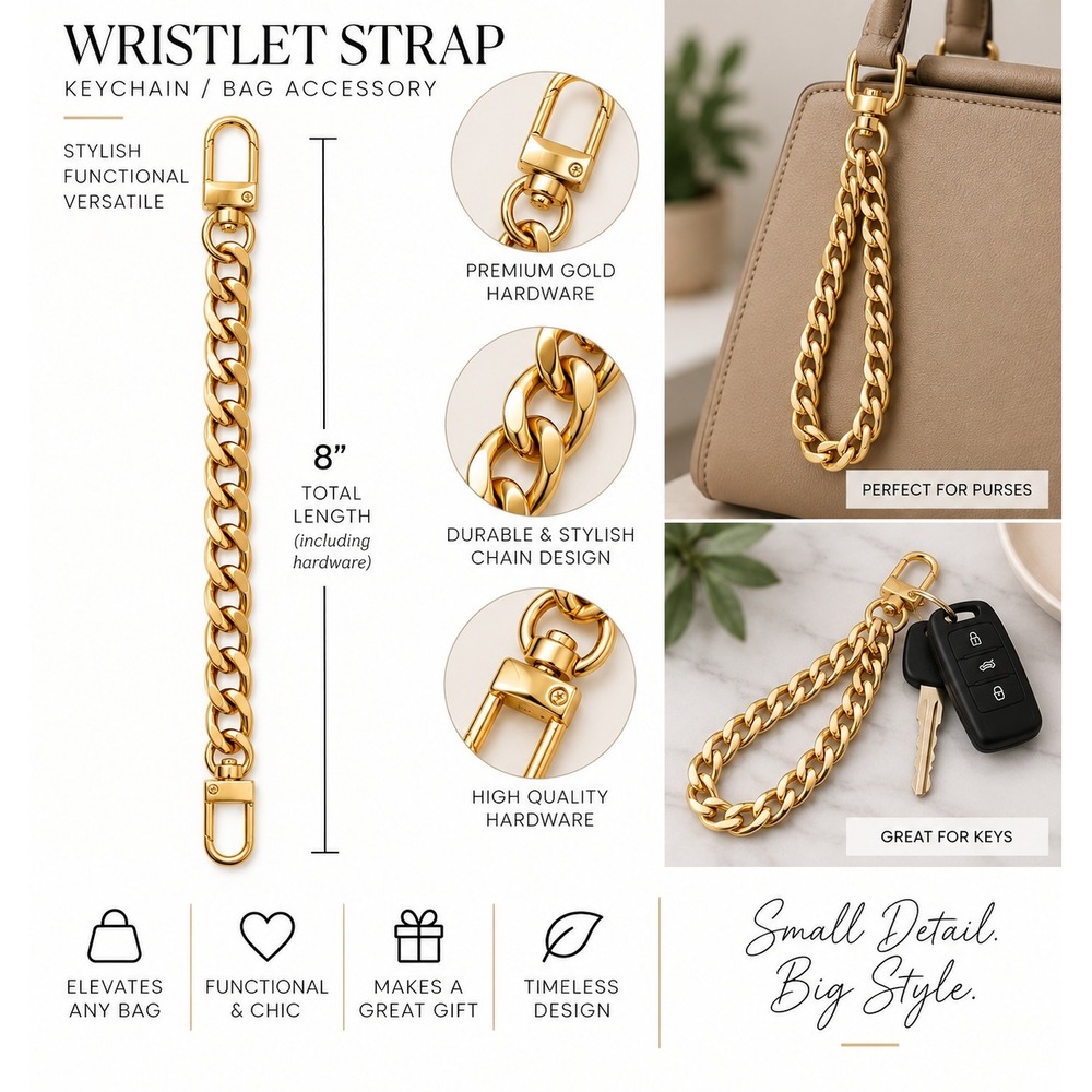 NWOT Wristlet Strap Keychain 8in Gold Tone Curb Chain Bag Accessory